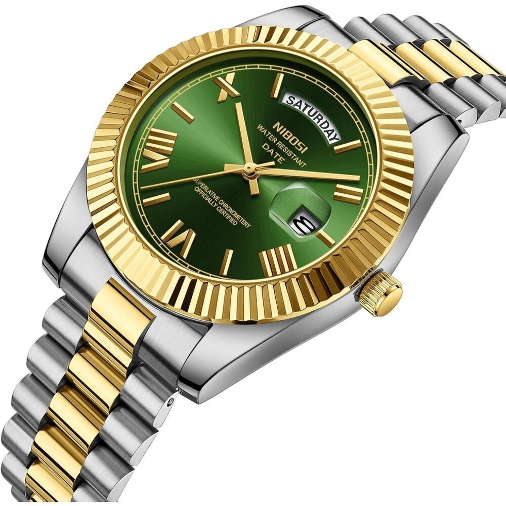 Men's Gold Silver Green   Stain Steel Analog Classic Design Stylish Wrist  Watch - Picture 2 of 6